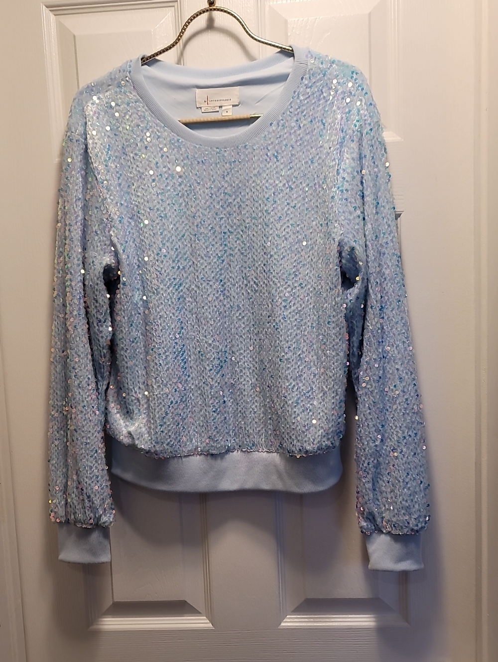 Anthropologie Sparkling Pale Blue Iridescent Sequin Sweater SZ Med